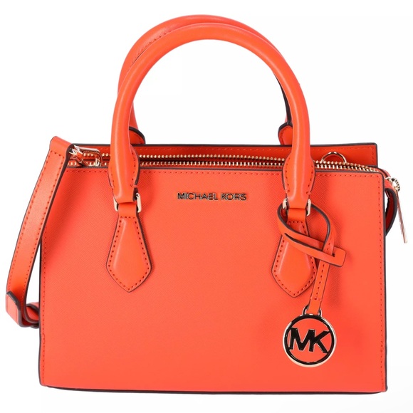 Michael Kors Sheila Small Center Zip Satchel Poppy Orange Vegan Faux Leather - Picture 3 of 8